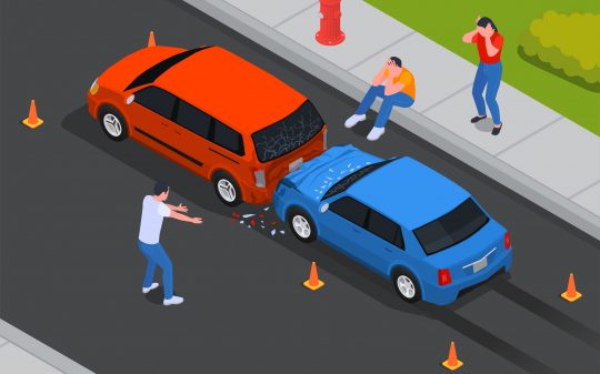 Two private cars collision accident with furious driver and crying passengers sitting on pavement isometric vector illustration
