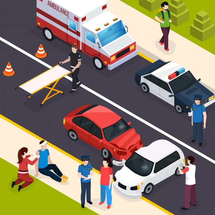 Emergency team isometric composition showing car accident with watchers paramedics providing first aid policeman interviewing witnesses vector illustration