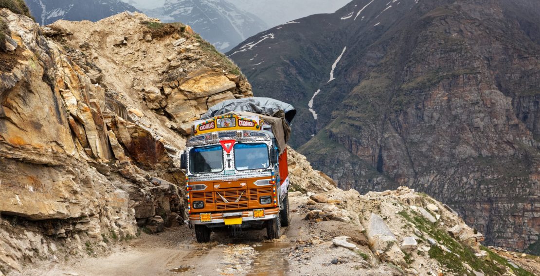 Manali-Leh road in Indian Himalayas with lorry. Himachal Pradesh, India