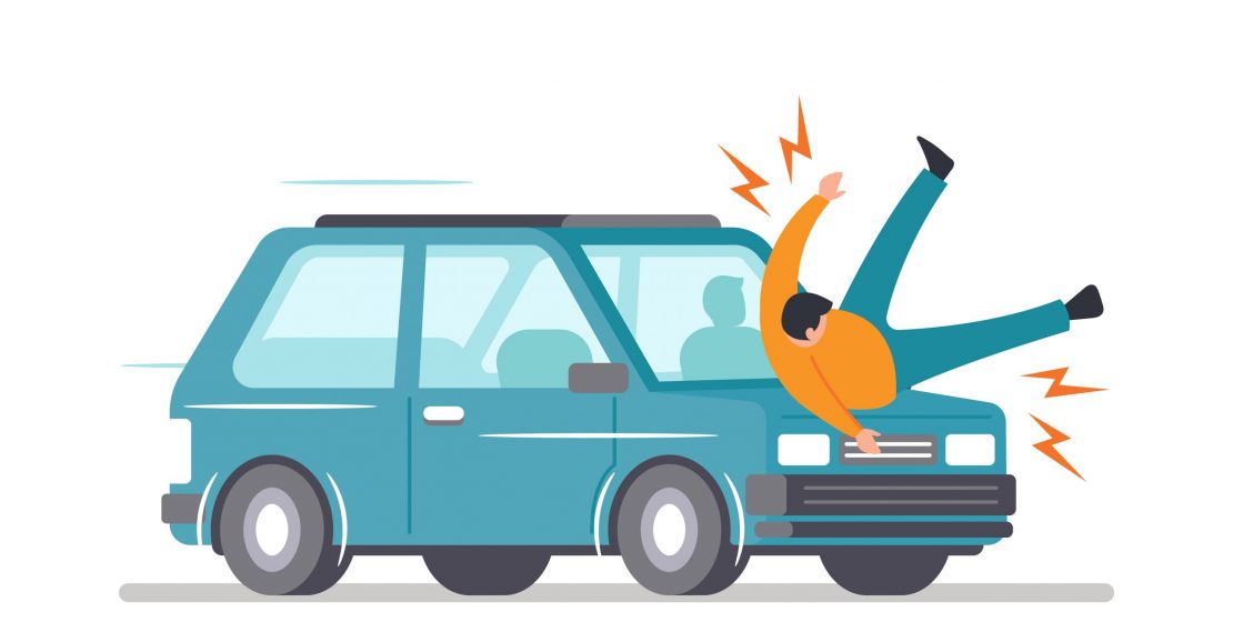 Car Hit Pedestrian on Road, Accident with Automobile and Person in City, Health Insurance, Safety on Road Concept. Dangerous Situation with Transport, Drunk Driver Victim. Cartoon Vector Illustration